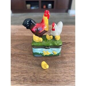 Vintage Hand-Painted Porcelain Rooster & Hen Family Trinket Box with Baby Chick